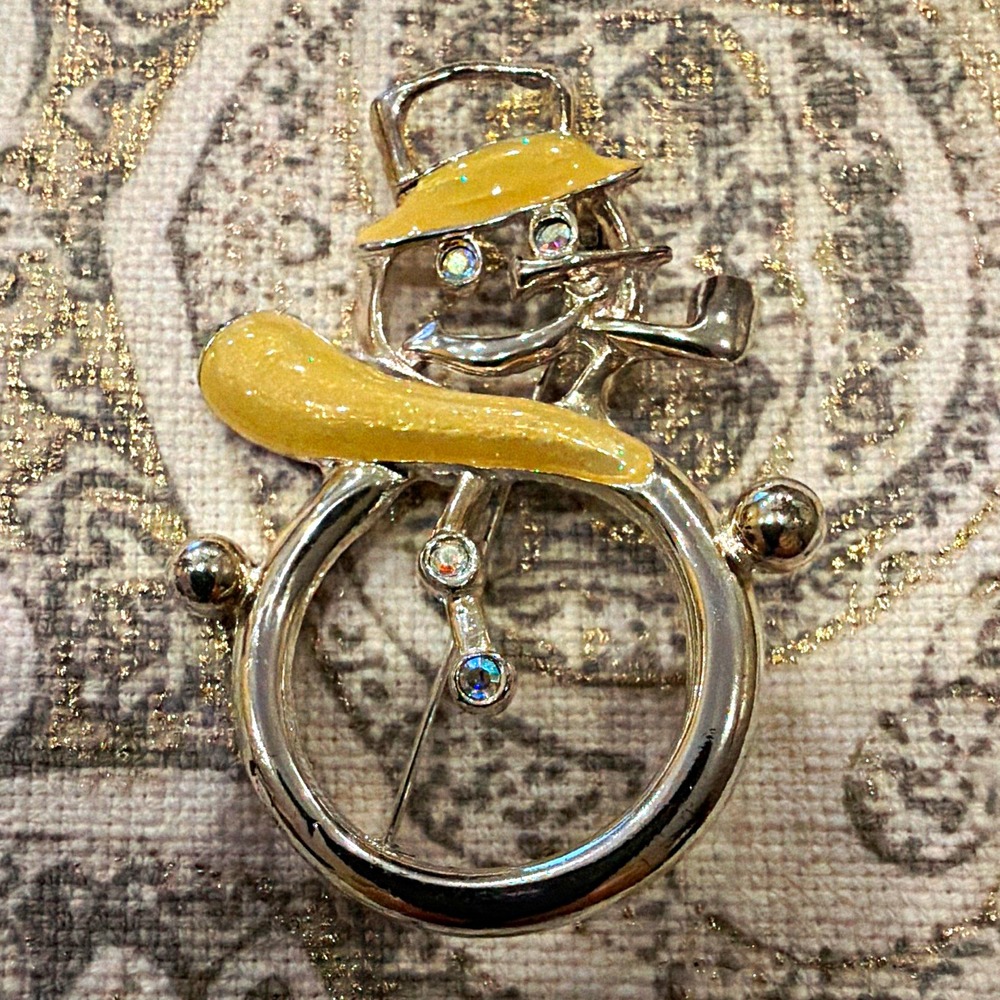 Silver Tone Snowman Brooch Pin, Cream Enamel Accents, Clear Rhinestones